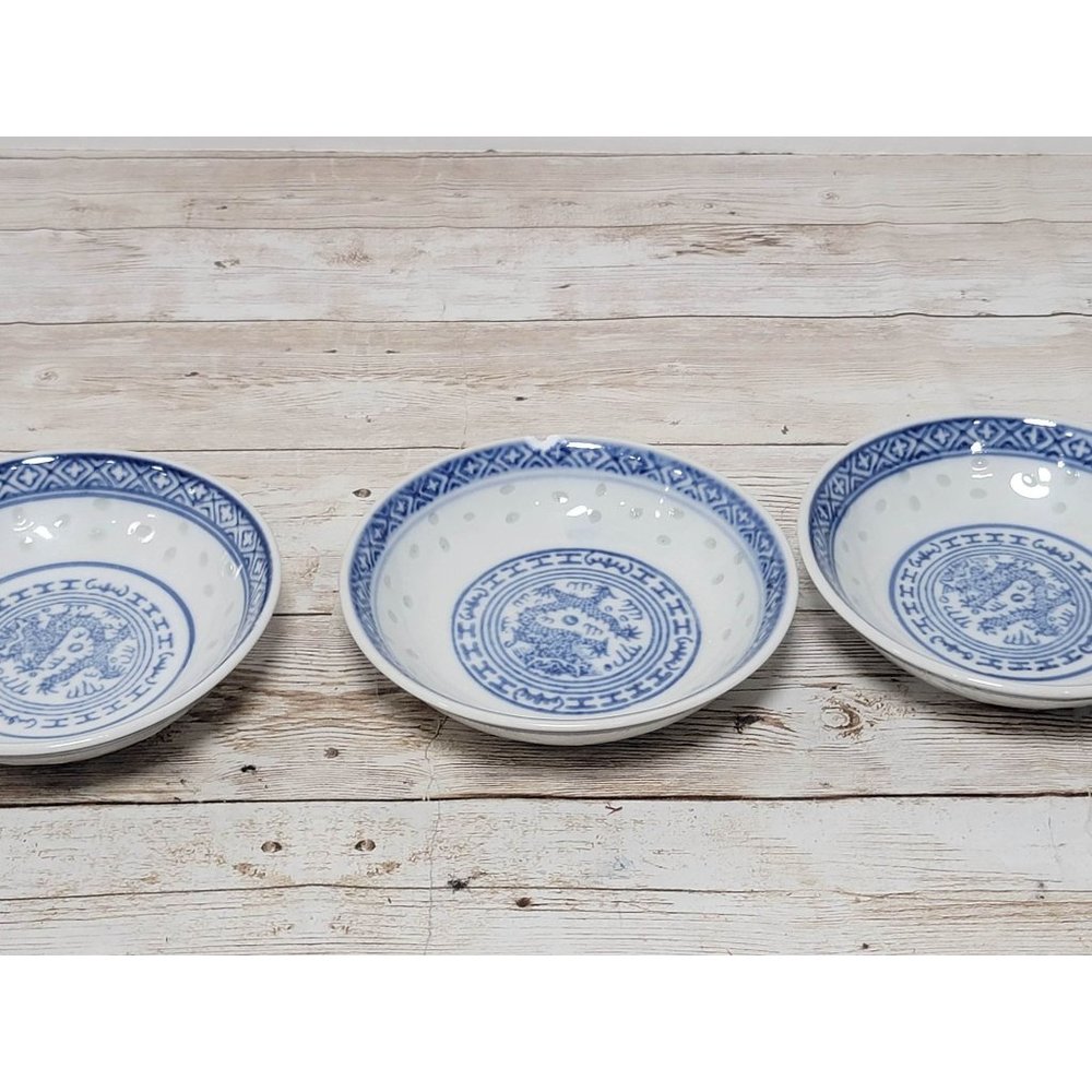 x3 Chinese Rice Grain Small‎ Bowls, Soya Sauce Bowls, Blue and White China